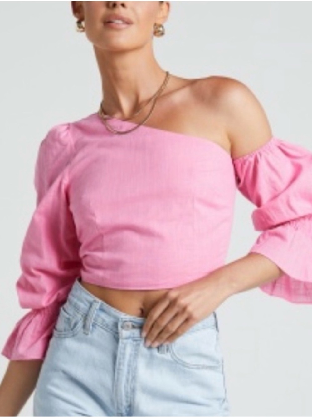 Showpo Pink One-Shoulder Frill Puff Sleeve Crop Top Size 16